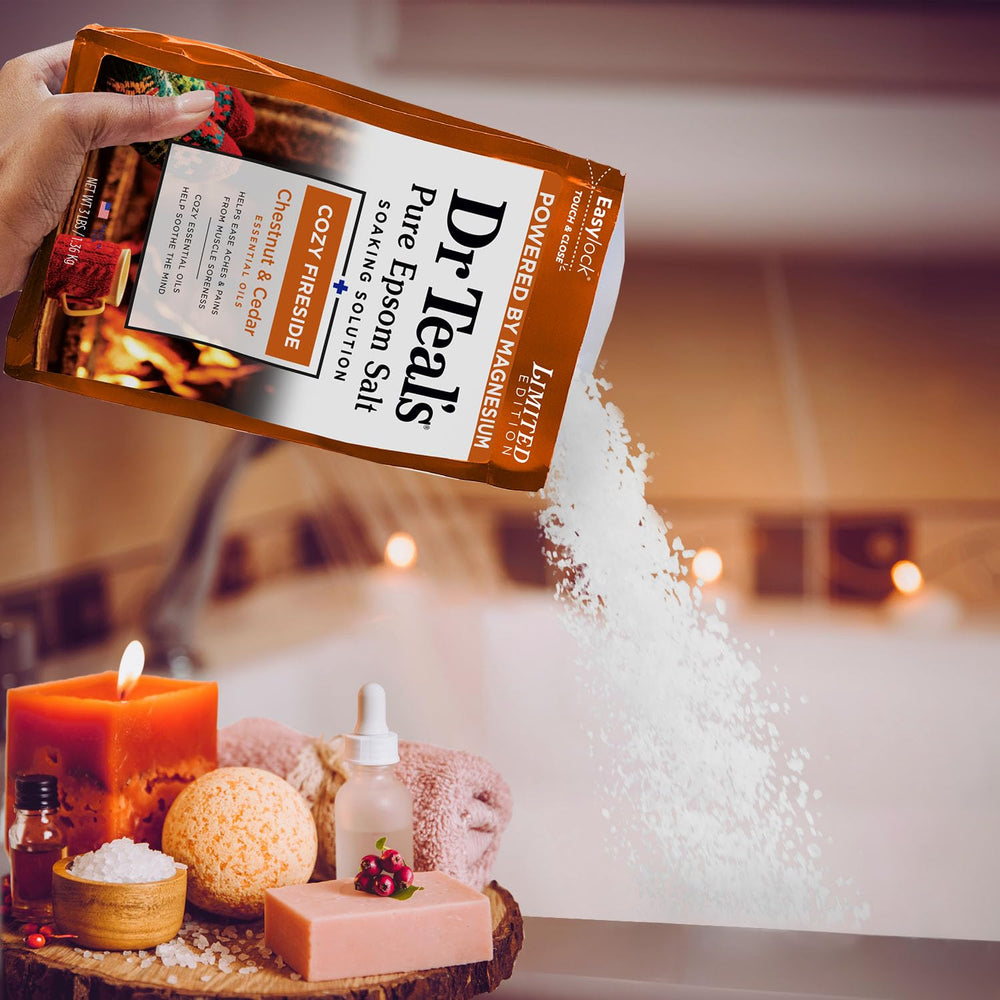 Dr Teal's Cozy Fireside Epsom Salt used for foot relaxation.