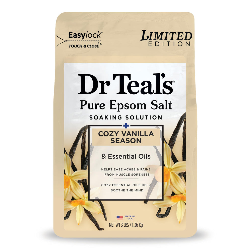 Dr Teal's Cozy Vanilla Season bath salt bottle promotes relaxation.