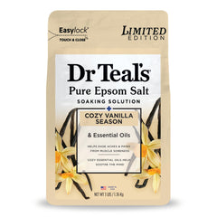 Dr Teal's Cozy Vanilla Season bath salt bottle promotes relaxation.