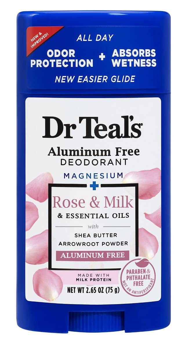 Dr Teal's Rose & Milk deodorant bottle with a gentle floral scent and smooth glide.