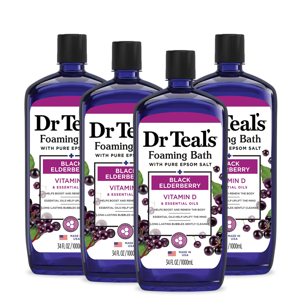 Dr Teal's elderberry foaming bath bottle with a soothing scent for a calming soak.
