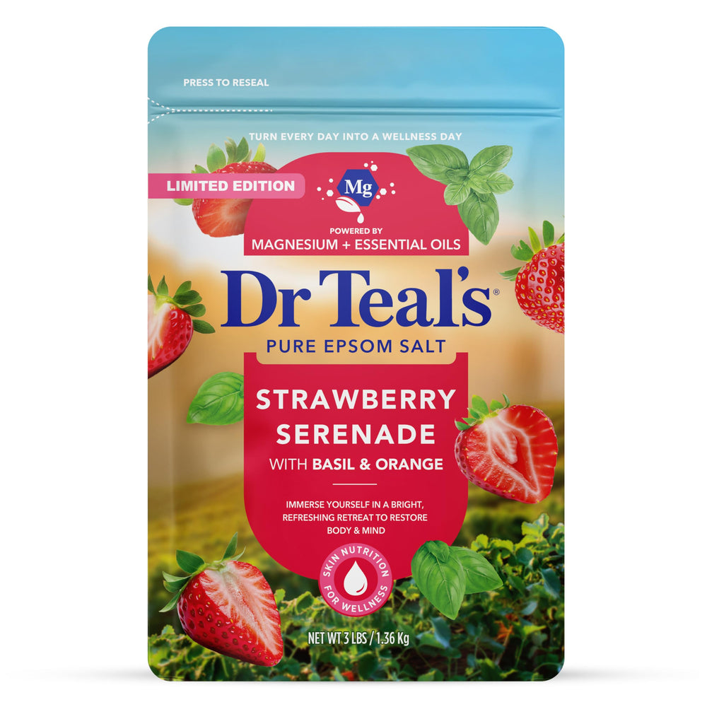 Dr Teal's Strawberry Serenade Epsom Salt bottle ready for a relaxing soak.