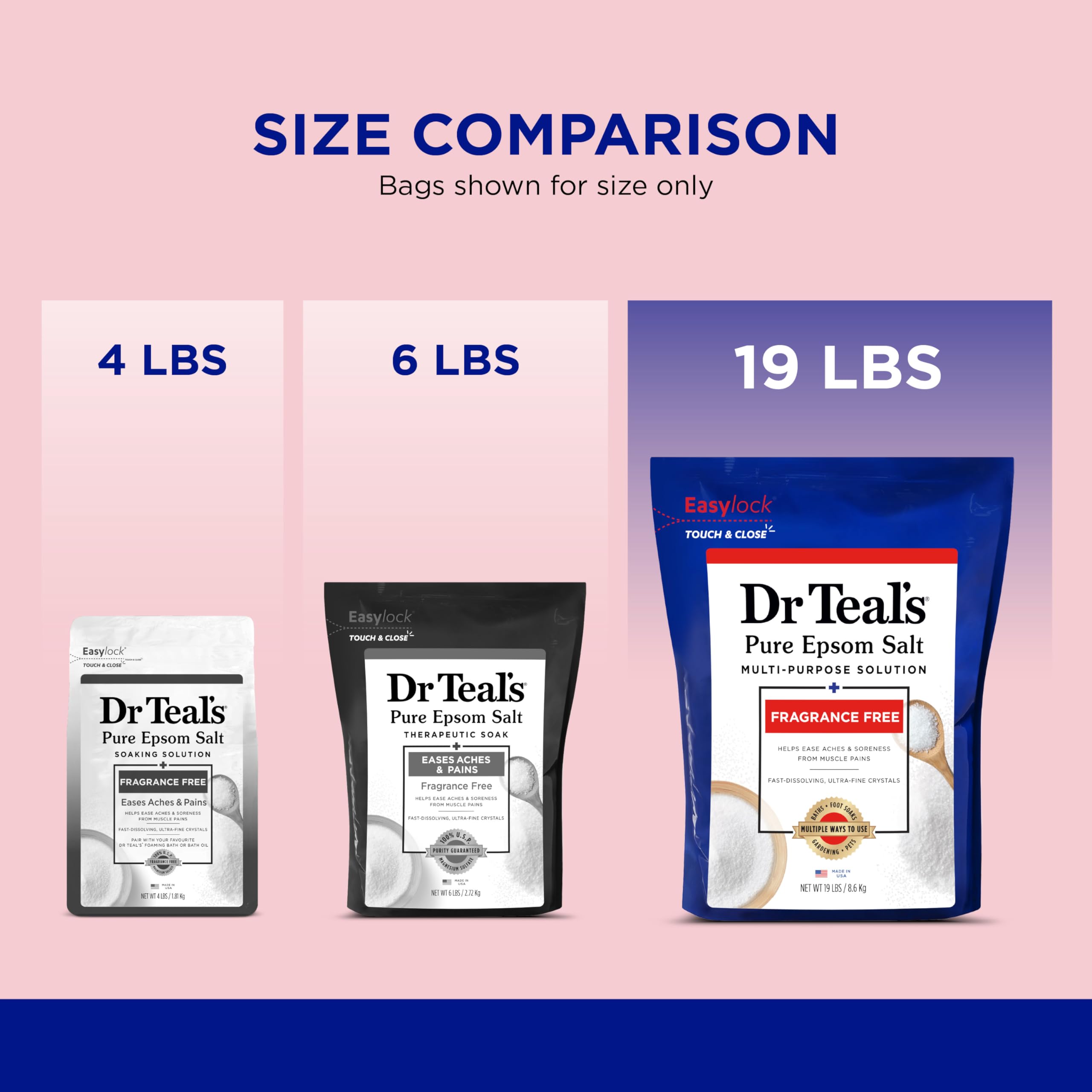 Dr Teal's Epsom salt reseal bag with Easylock for mess-free refills.