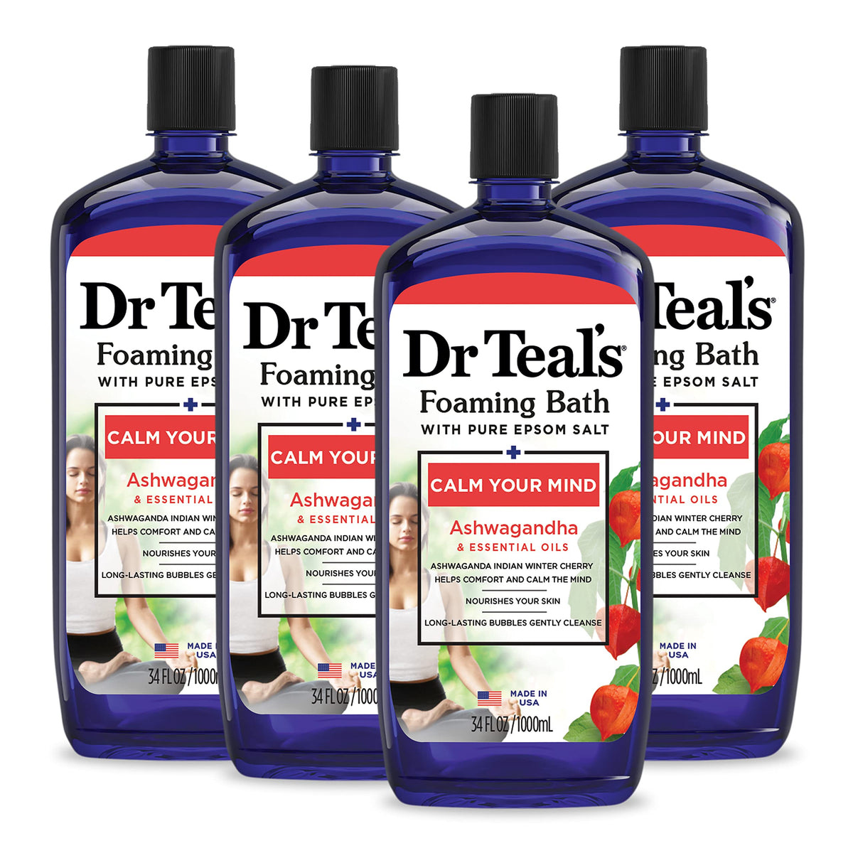 Dr Teal's Foaming Bath with Ashwagandha bottle for calm mind and relaxation.