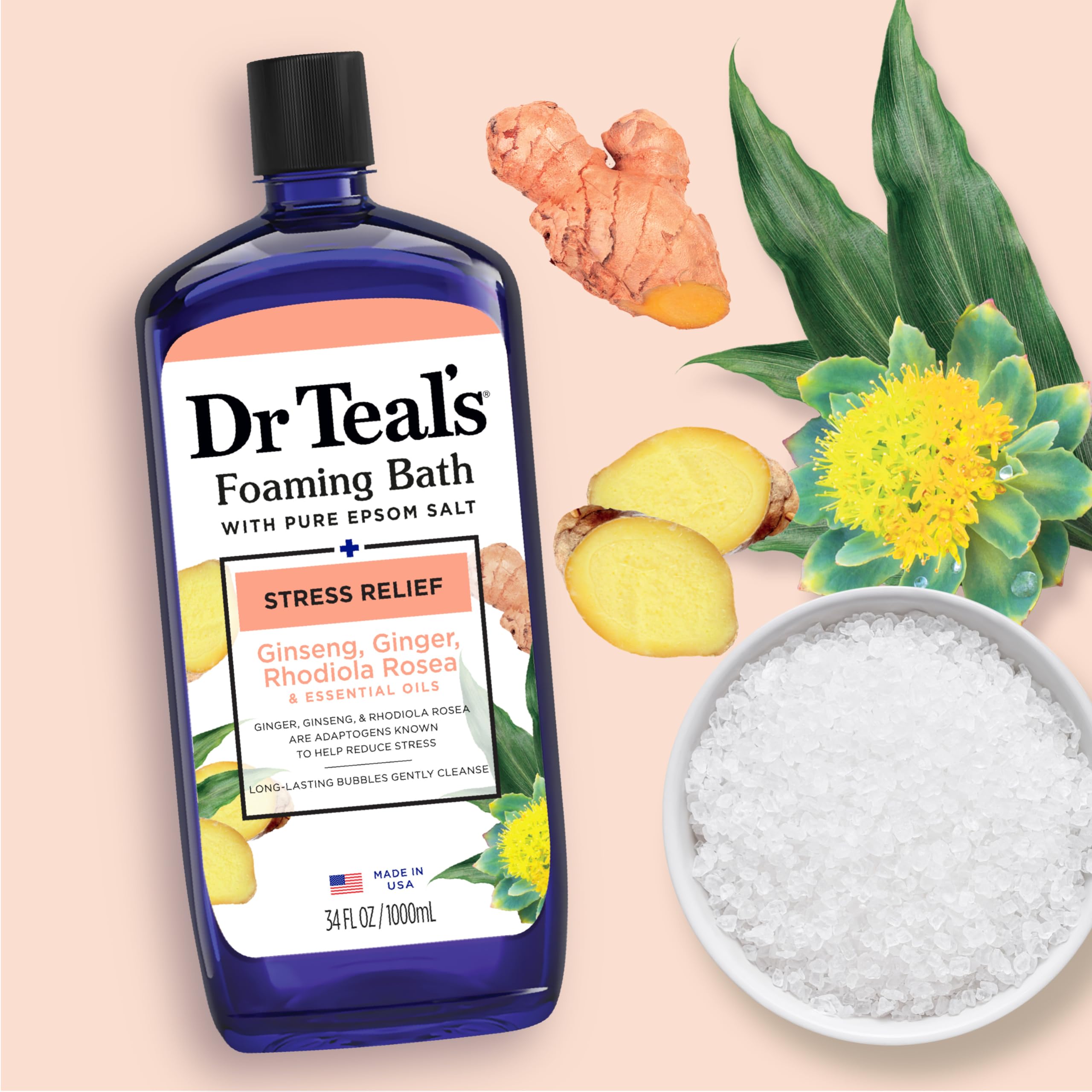 Dr Teal's foaming bath on a bathroom shelf invites self-care.
