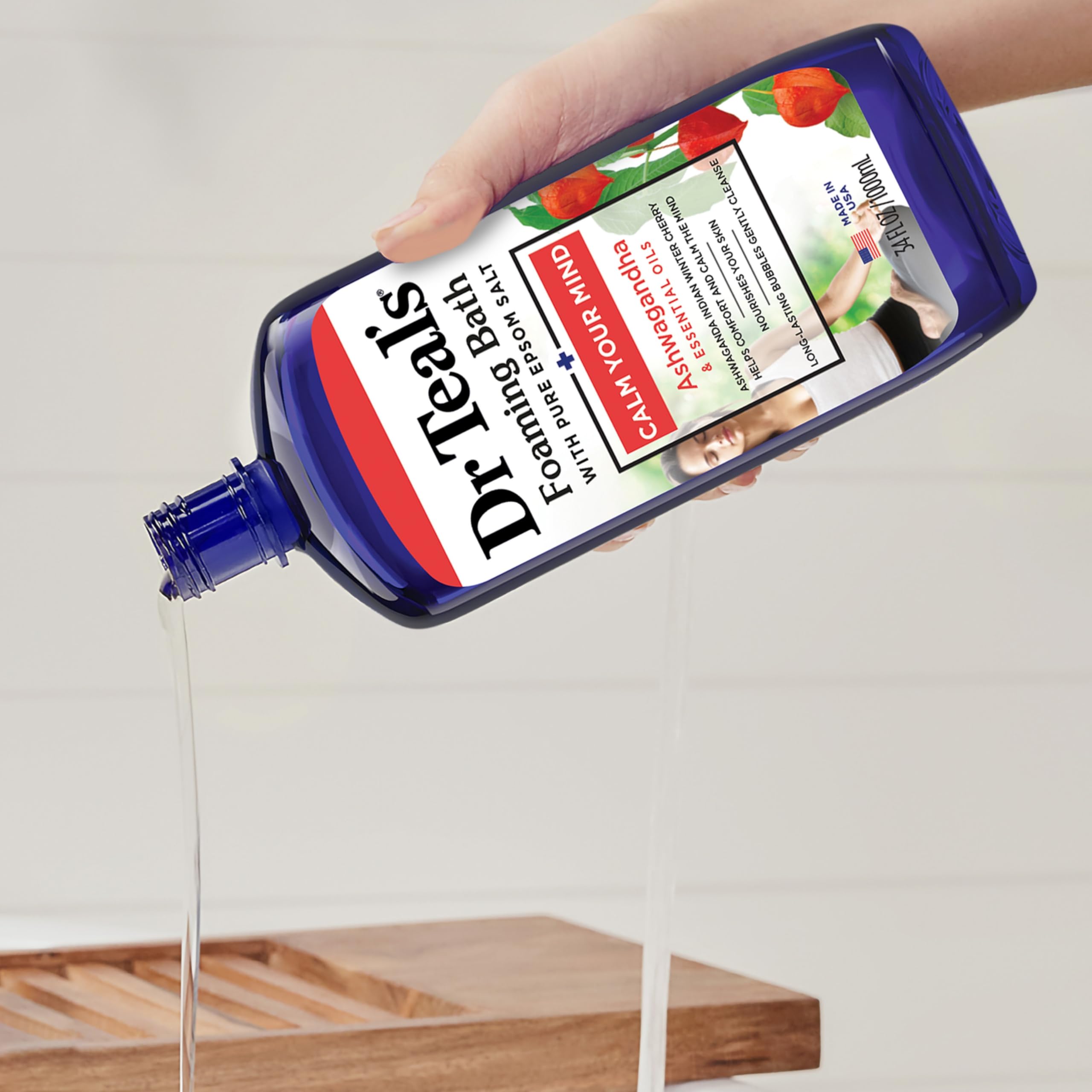 Dr Teal's Foaming Bath foam in bathwater signals spa-like indulgence.