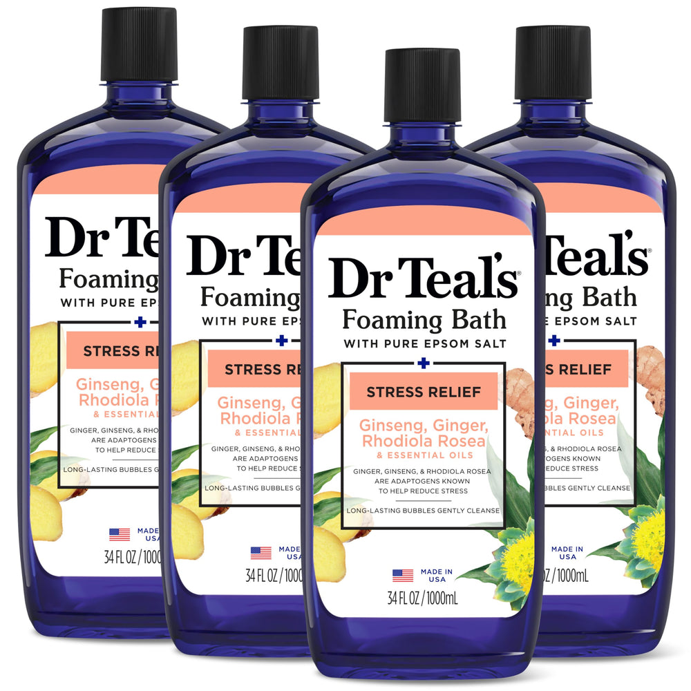 Dr Teal's Ginger & Ginseng Foaming Bath bottle promotes stress relief through essential oils.