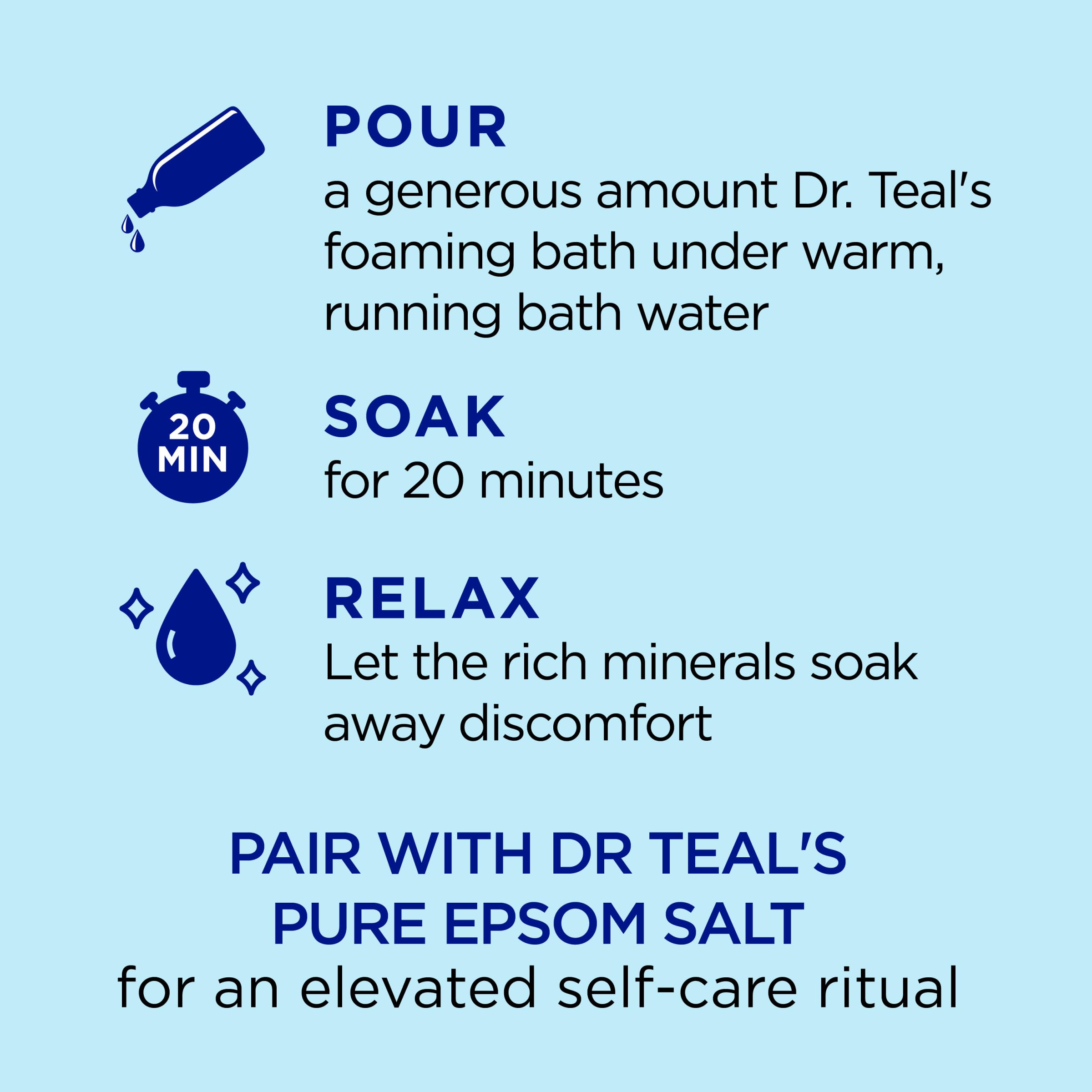 Dr Teal's foaming bath ingredients close-up shows minerals and essential oils.