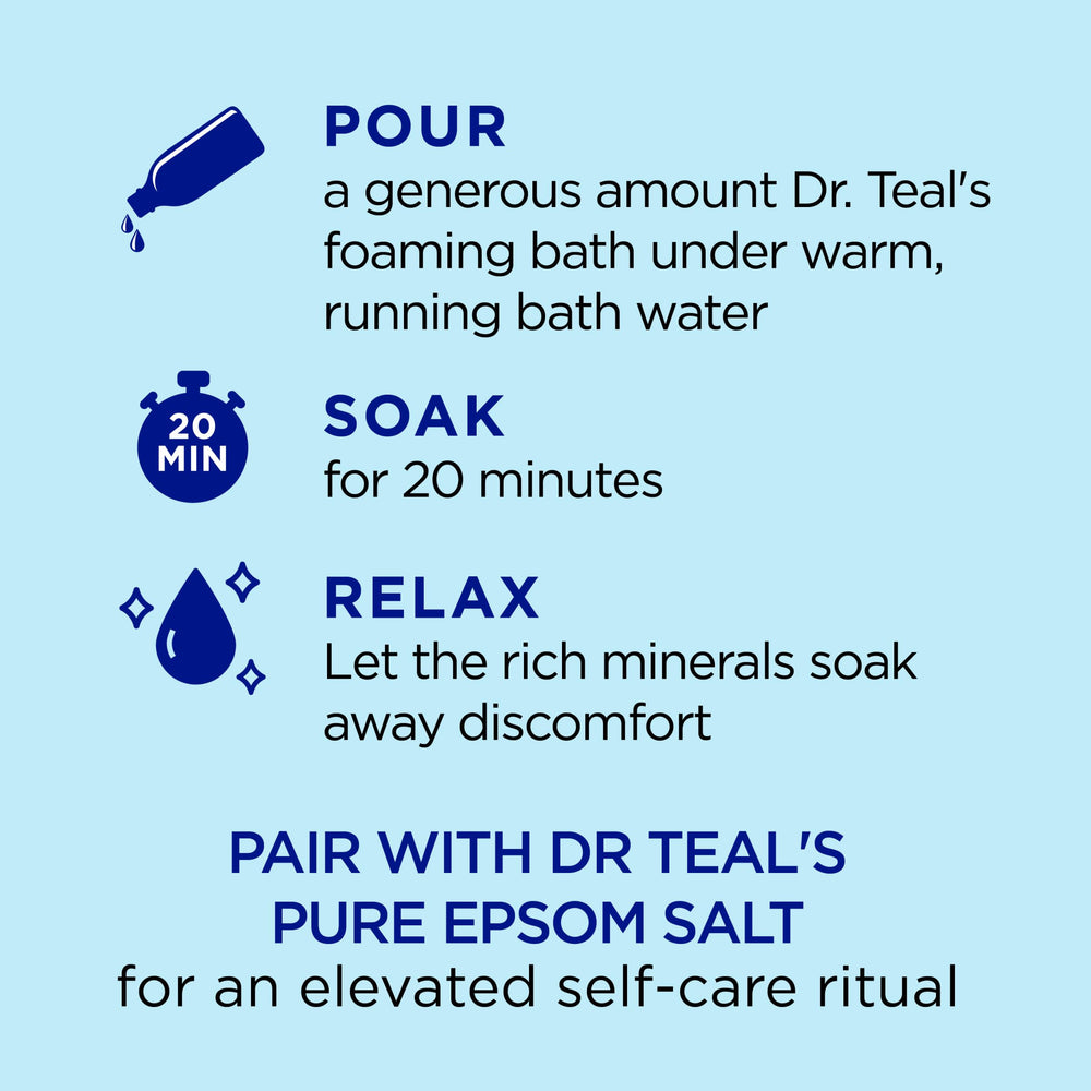 Dr Teal's foaming bath ingredients close-up shows minerals and essential oils.