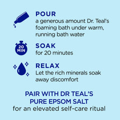 Dr Teal's foaming bath ingredients close-up shows minerals and essential oils.