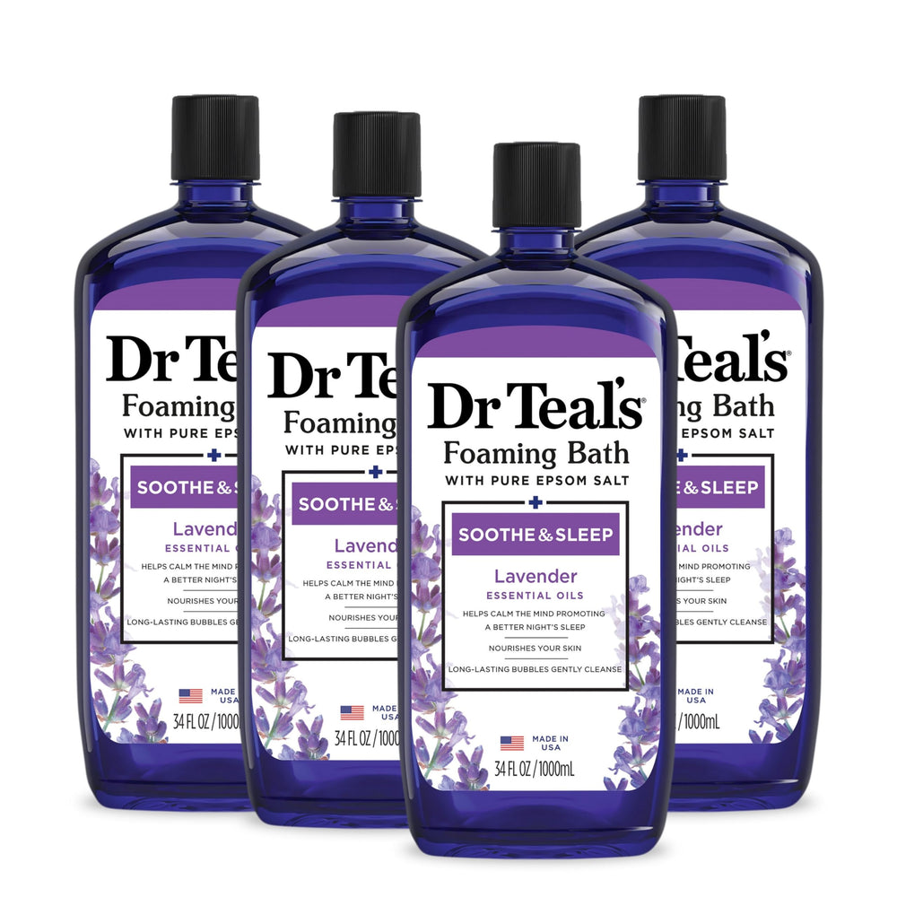 Dr Teal's foaming bath with lavender bubbles for relaxing ambience.