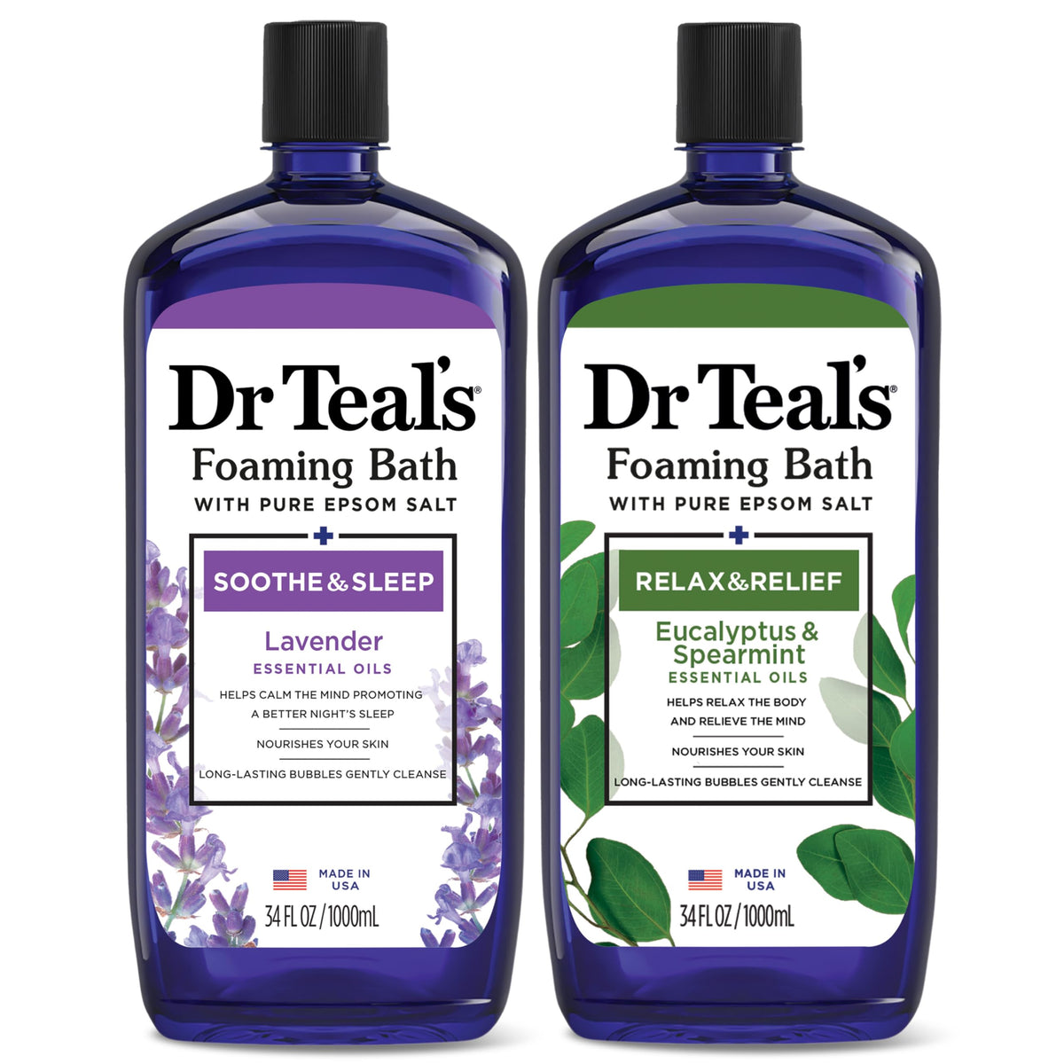 Dr Teal's foaming bath lavender-eucalyptus bottle for calming evenings.