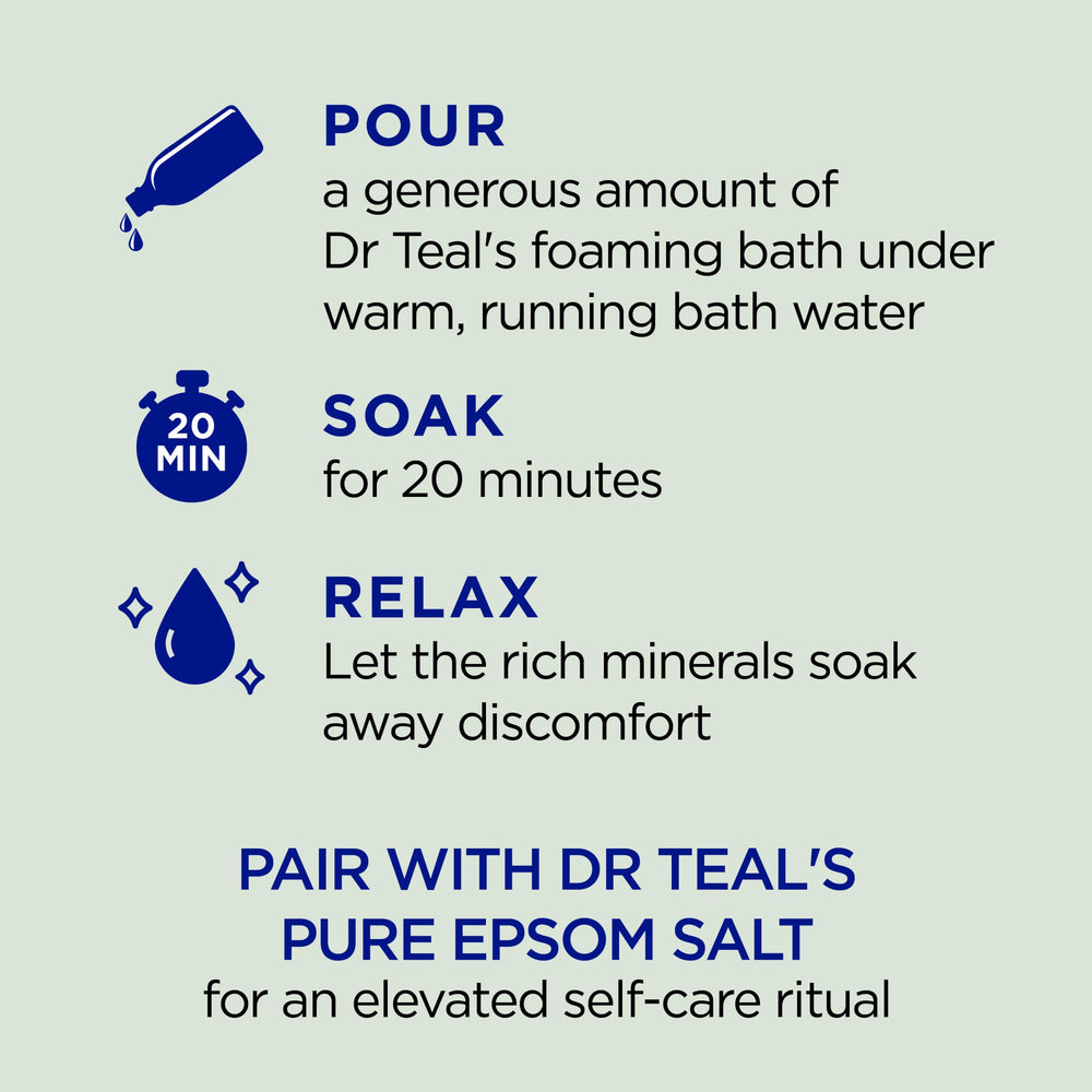 Dr Teal's foaming bath being poured into tub for a spa-like moment.
