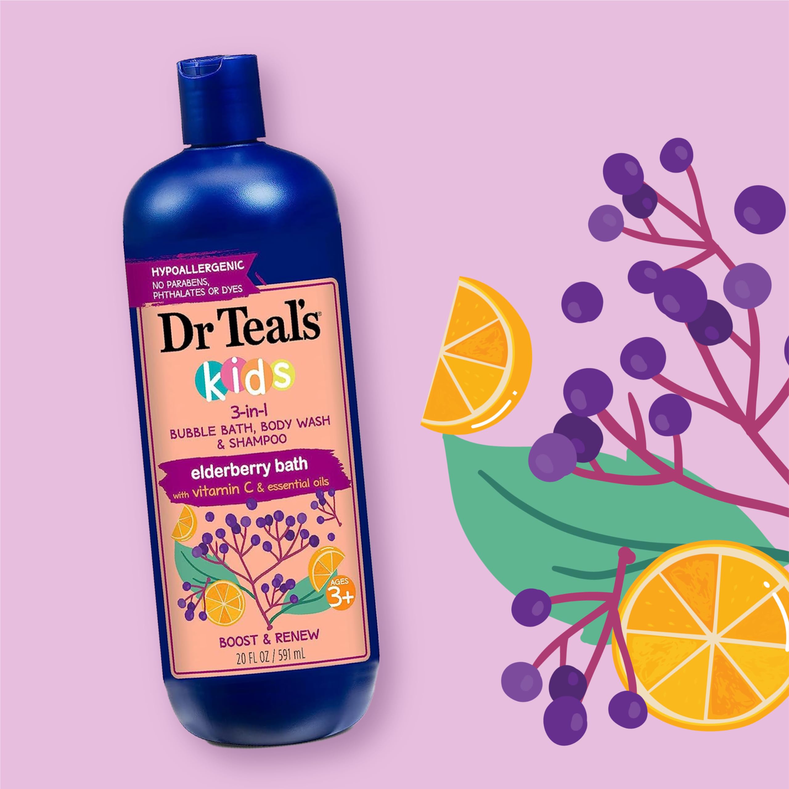 Dr Teal's Kids 3-in-1 elderberry bath body wash for refreshing rinse