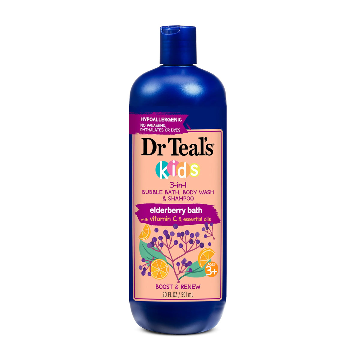 Dr Teal's Kids 3-in-1 elderberry bath bottle for gentle cleansing and bubbly fun