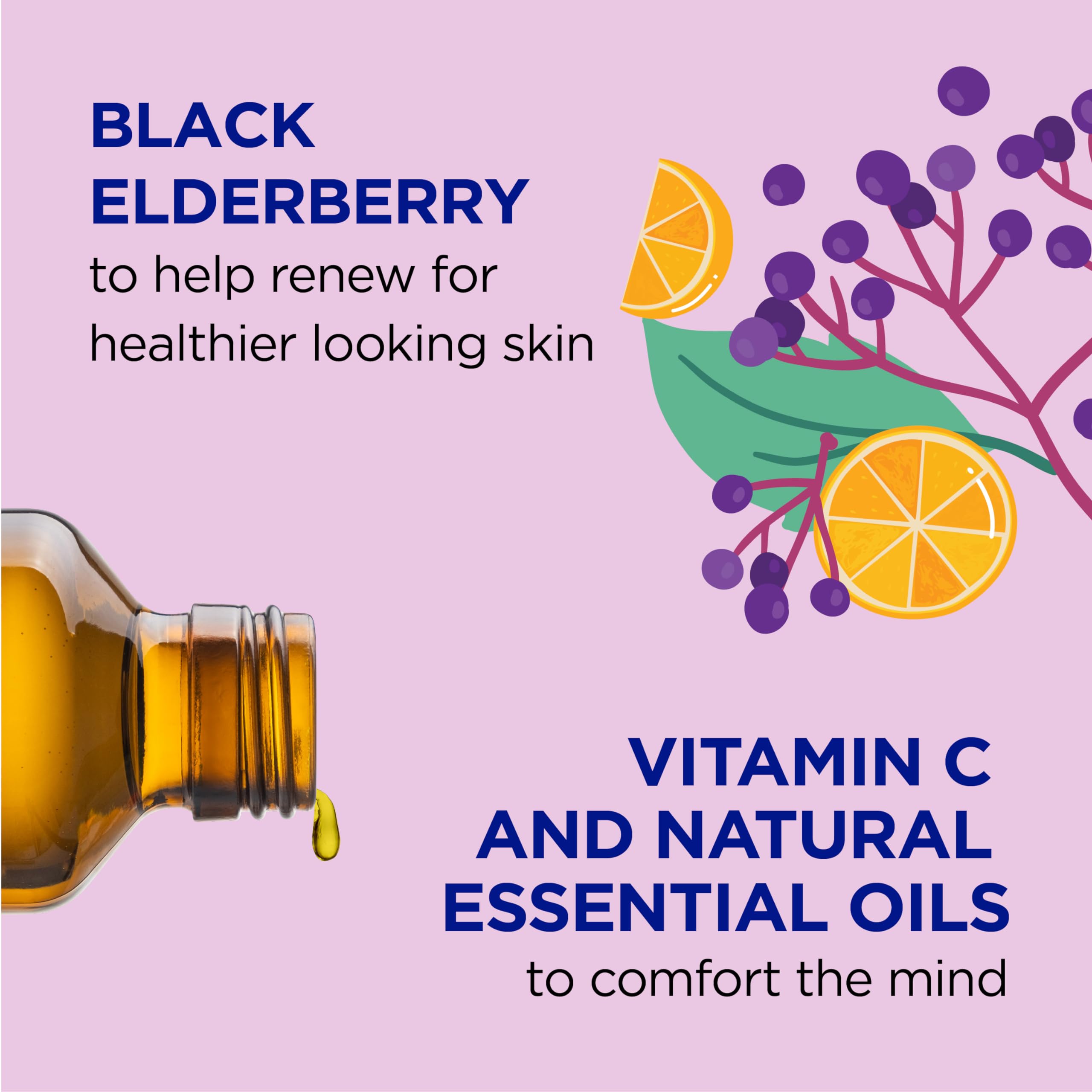 Dr Teal's elderberry bath bottle close-up highlights natural elderberry ingredients for a comforting bath