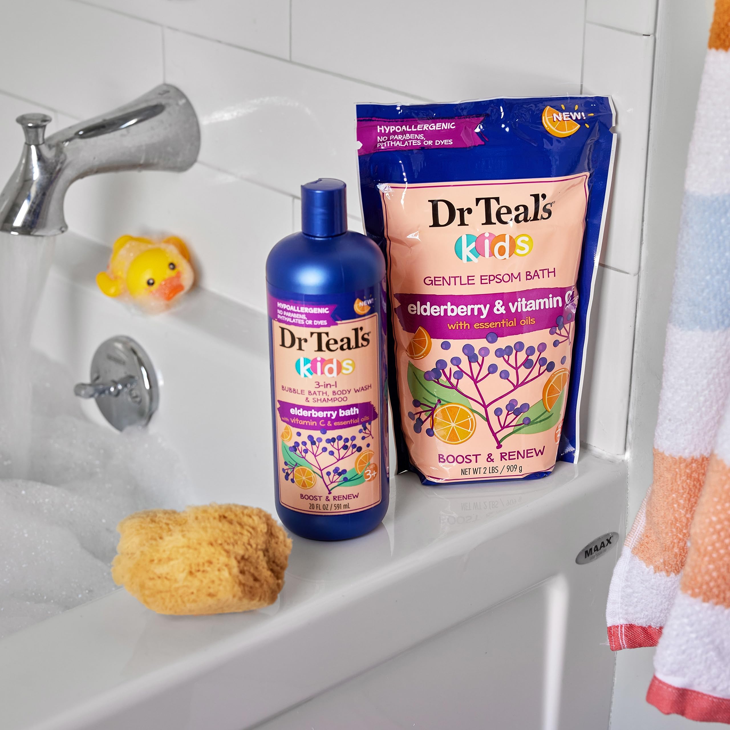 Kid-friendly packaging for Dr Teal's elderberry 3-in-1 bottle