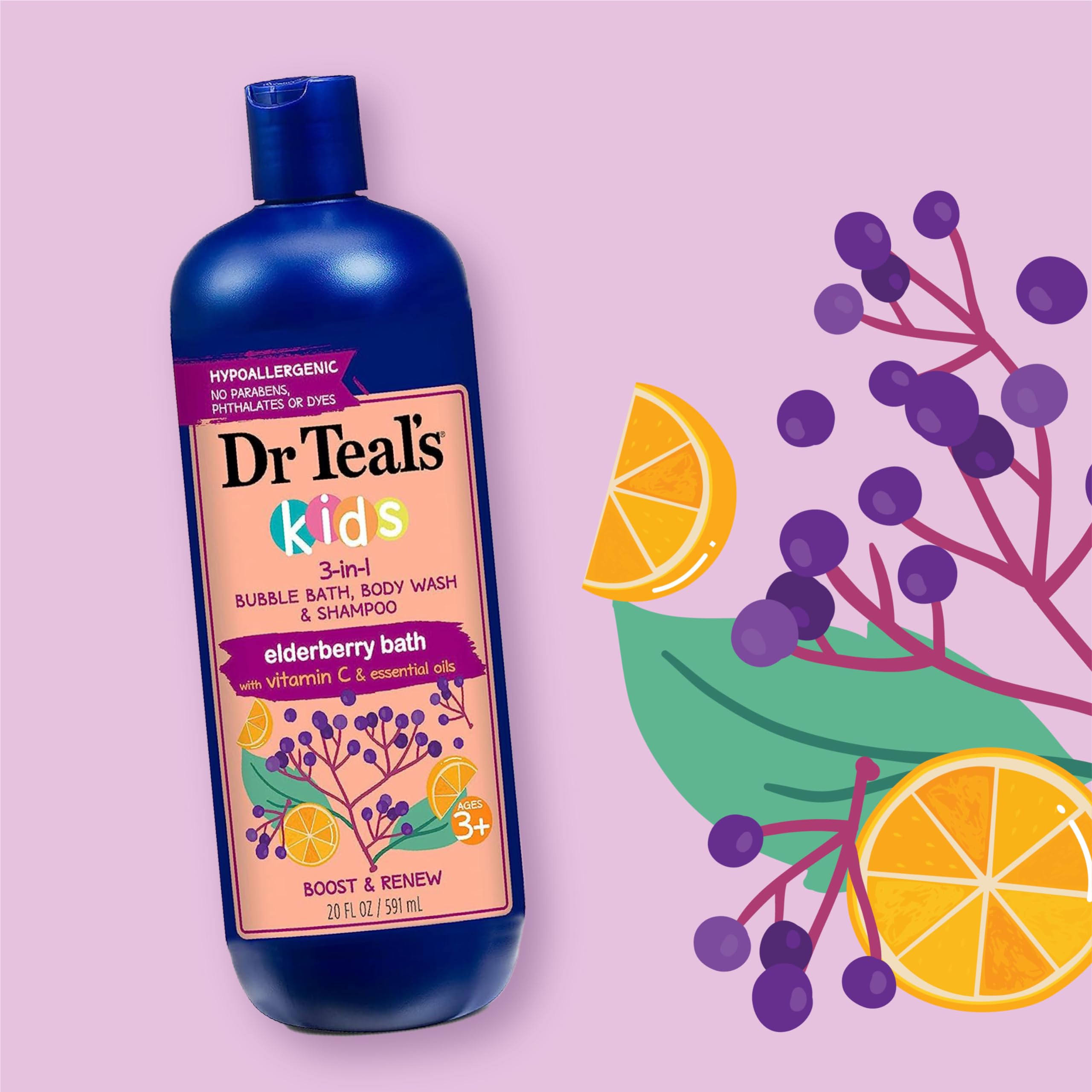Dr Teal's Kids 3-in-1 elderberry bubbles fill the tub for playtime