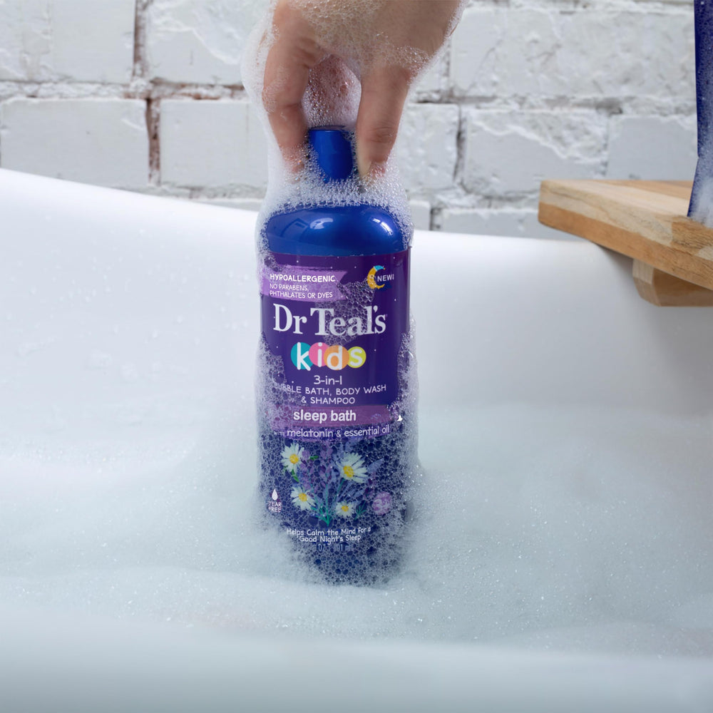 Dr Teal's Kids 3-in-1 Sleep Bath label closeup shows ingredients.