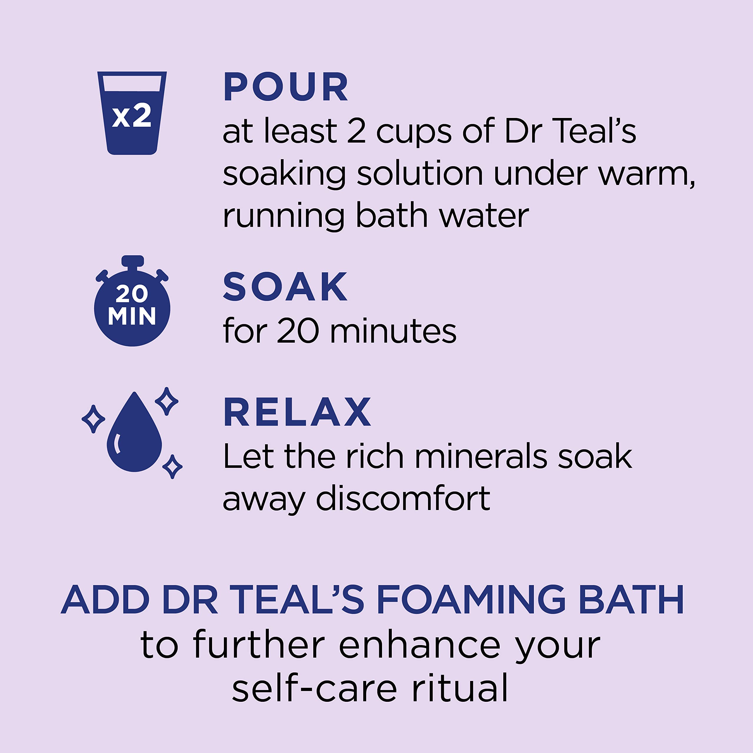 Dr Teal's lavender bath scene evokes serene, spa-like relaxation.