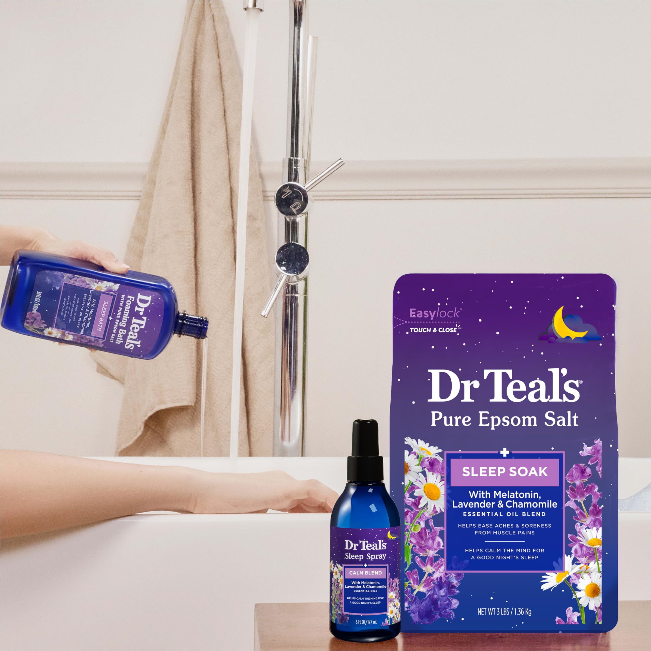 Lavender and chamomile essential oils from Dr Teal's invite gentle calm