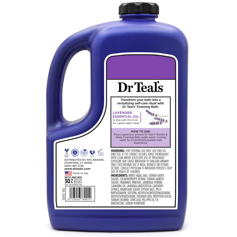 Lavender flowers beside Dr Teal's bottle for a tranquil bath