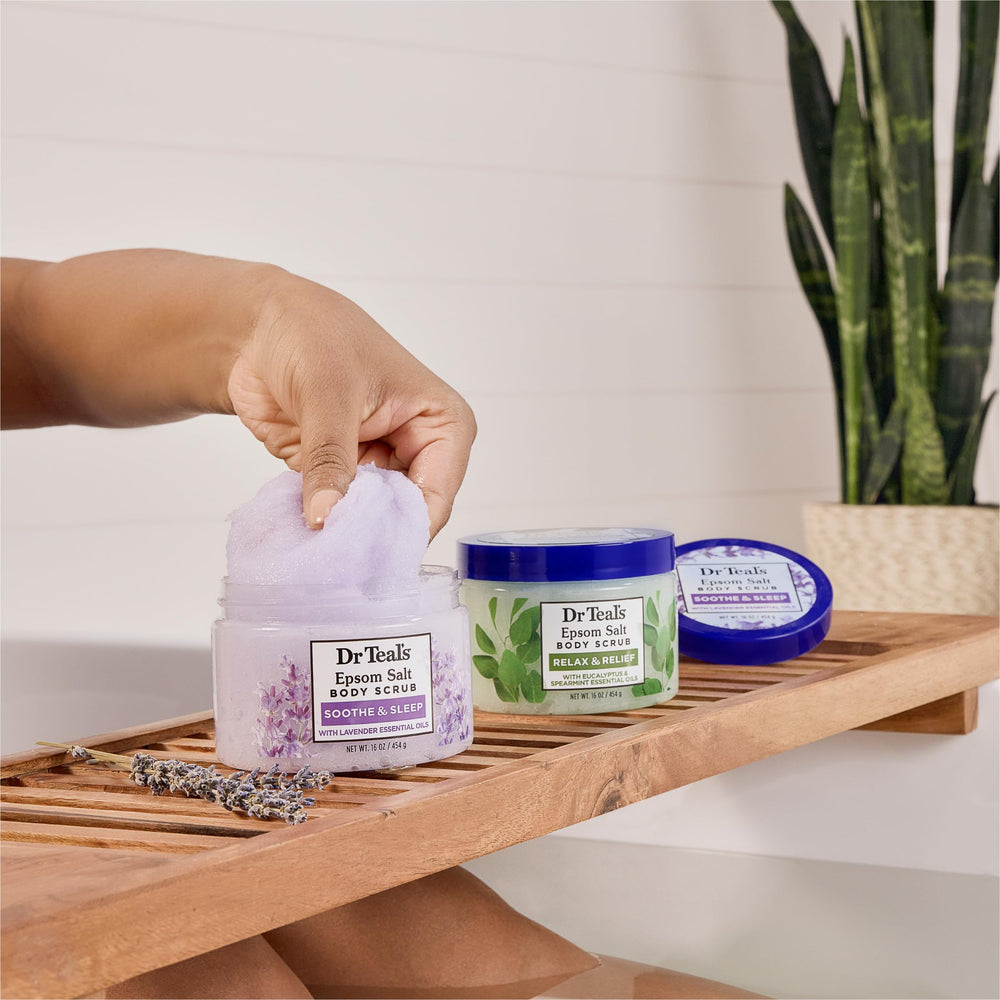 Dr Teal's lavender relaxation scene conveys tranquil, at-home self-care moments.