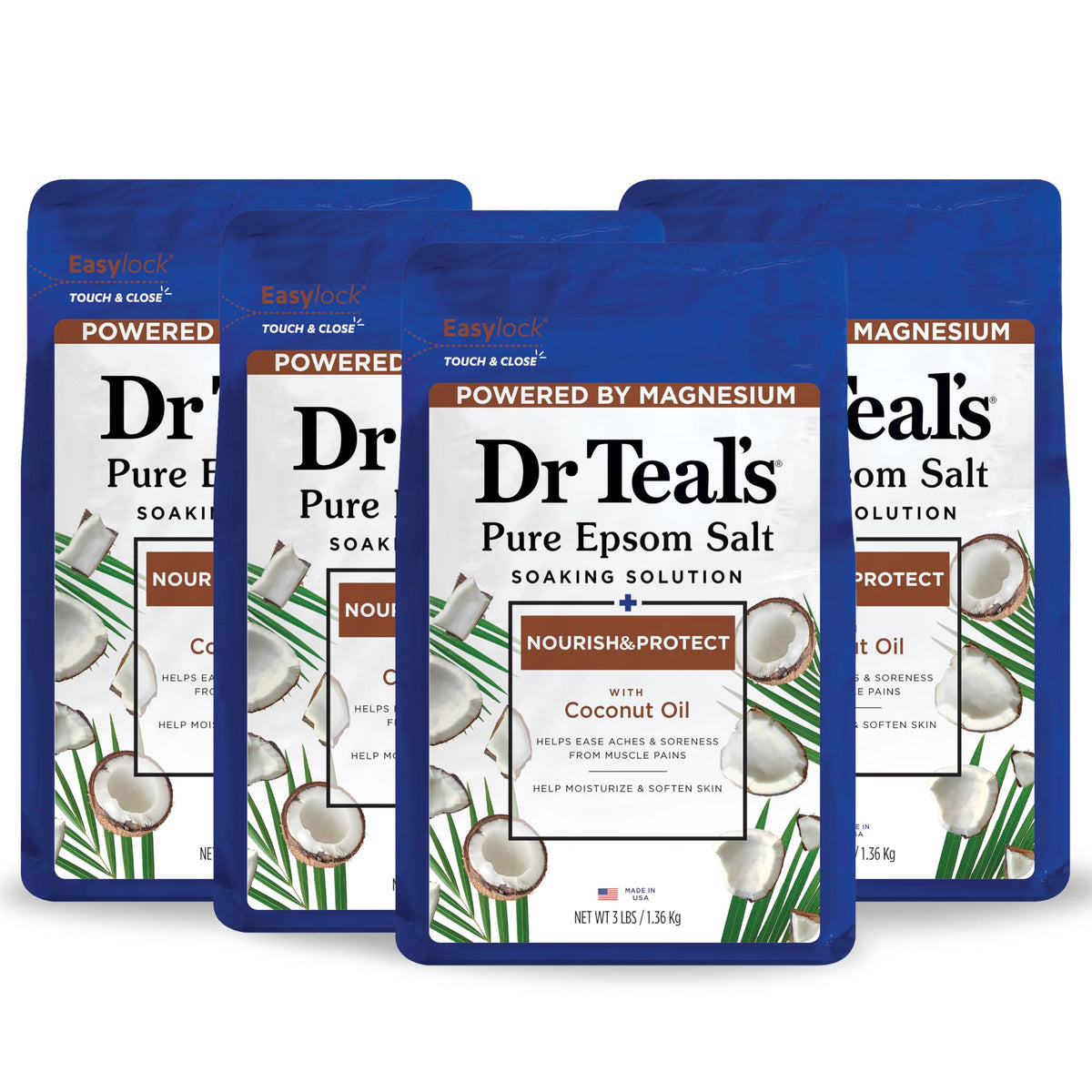 Dr Teal's Nourish & Protect coconut oil bath salt in tub for a soothing soak.