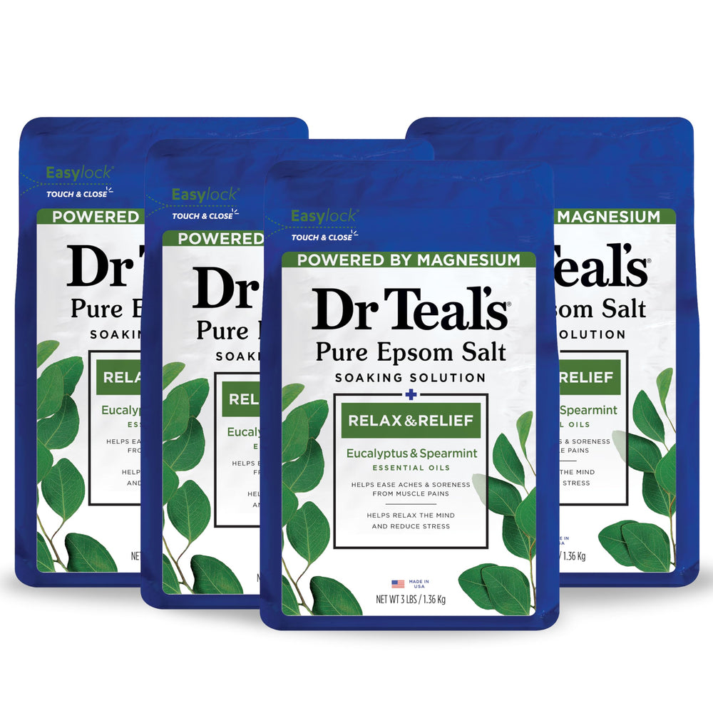Dr Teal's Pure Epsom Salt with eucalyptus and spearmint in a relaxing bath scene