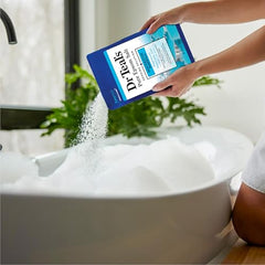 Dr Teal's Pure Epsom Salt label closeup highlighting Magnesium Sulfate benefits.
