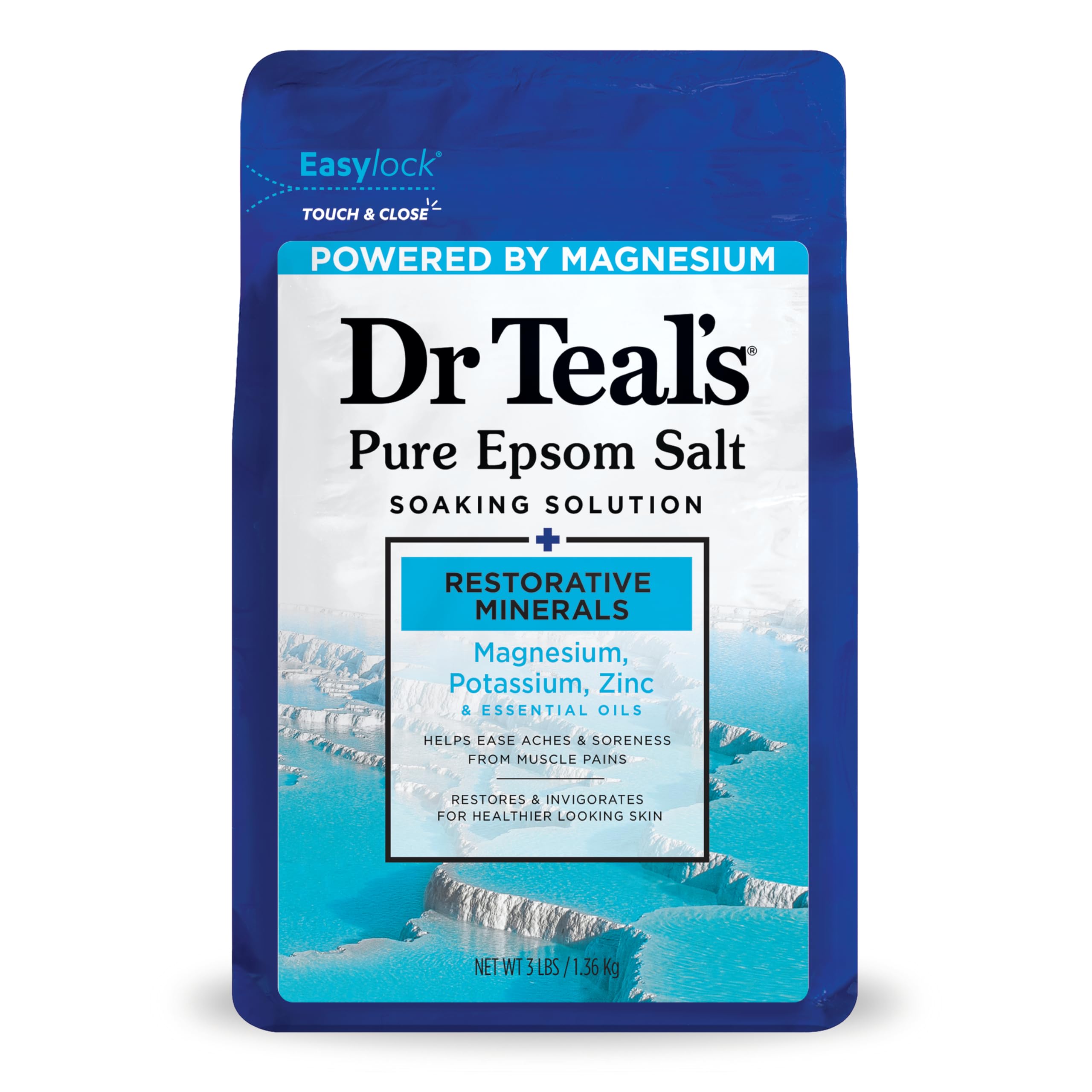 Dr Teal's Pure Epsom Salt Restorative Minerals bottle pour easing muscle discomfort.