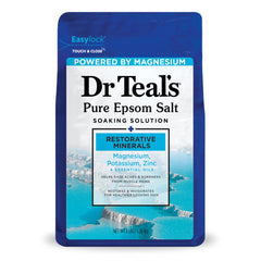 Dr Teal's Pure Epsom Salt Restorative Minerals bottle pour easing muscle discomfort.