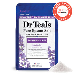 Dr Teal's bottle close-up emphasizes lavender scent for calming evenings.
