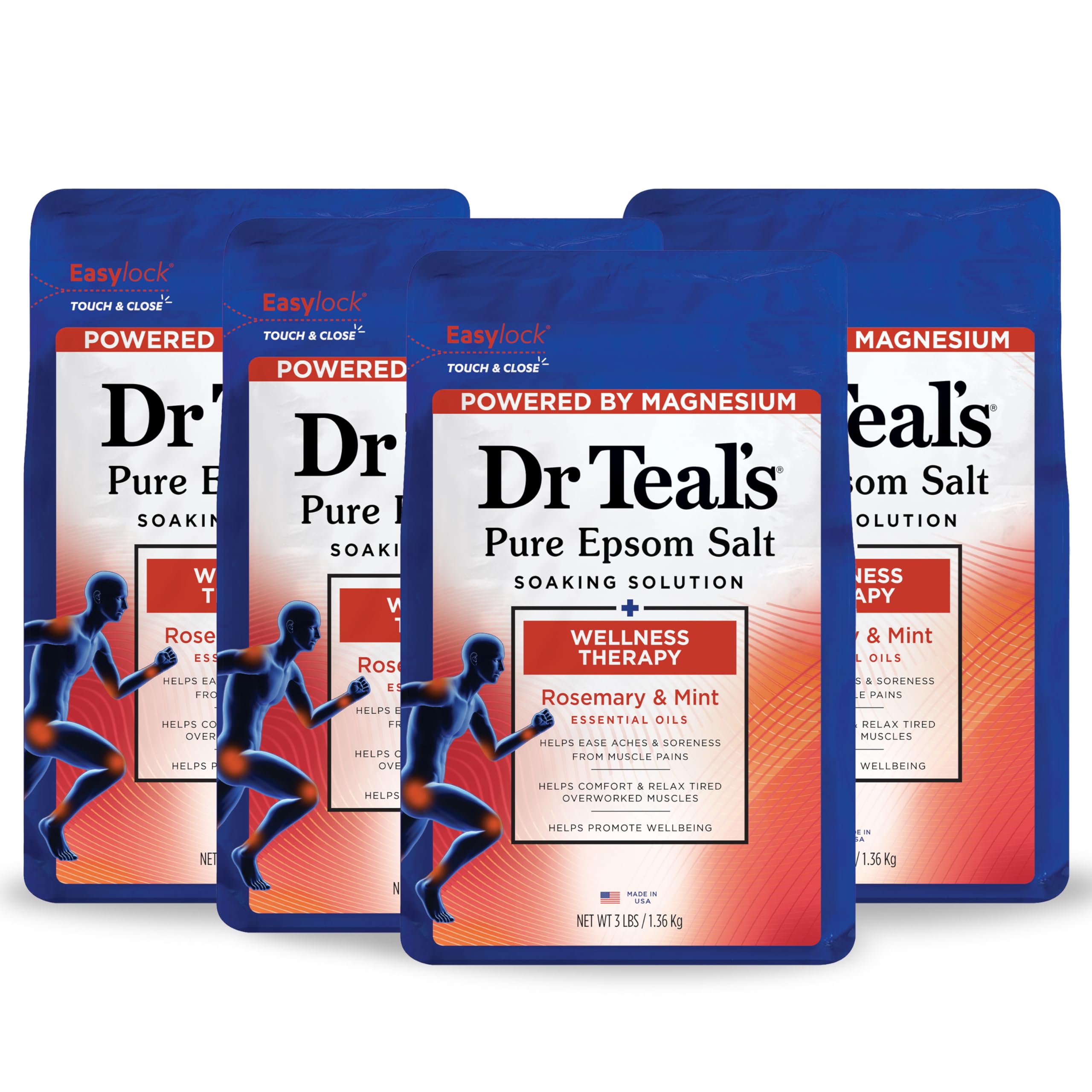 Dr Teal's Pure Epsom Salt Soak bottle releases minerals for a soothing bath