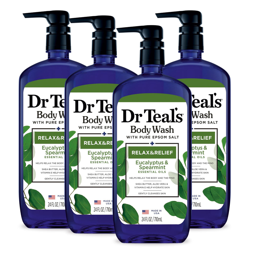 Dr Teal's Relax and Relief body wash bottle pouring for a refreshing cleanse