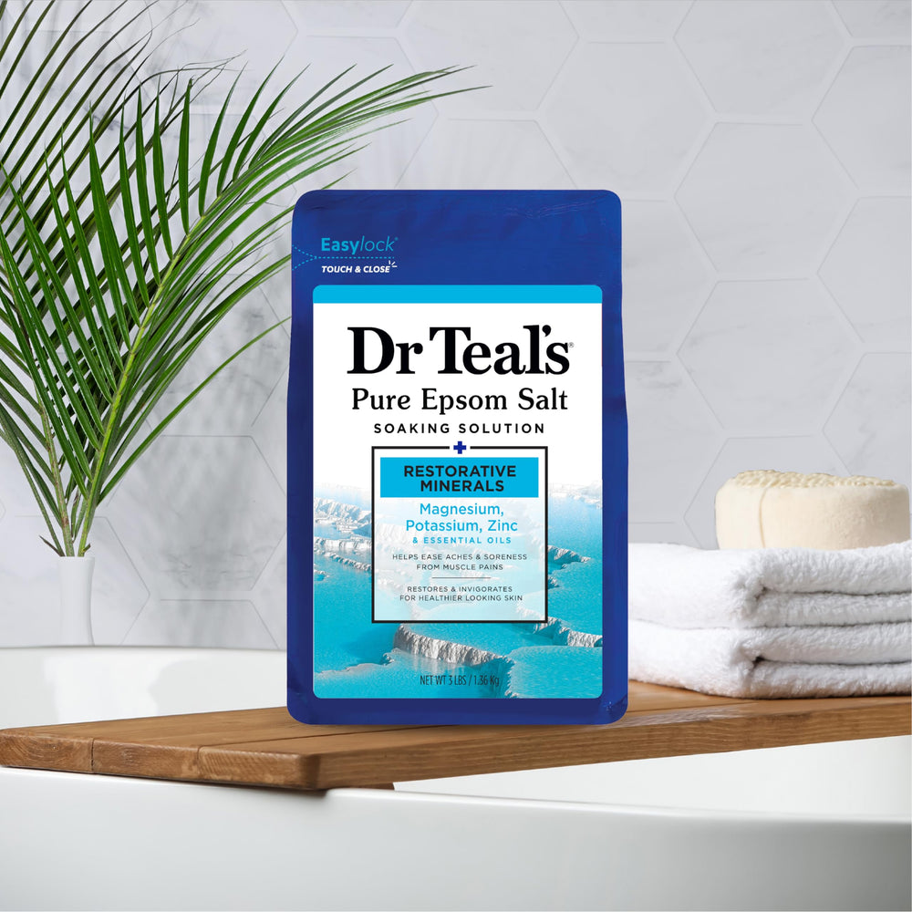 Dr Teal's Restorative Minerals aromatherapy scene suggests calming ambience.