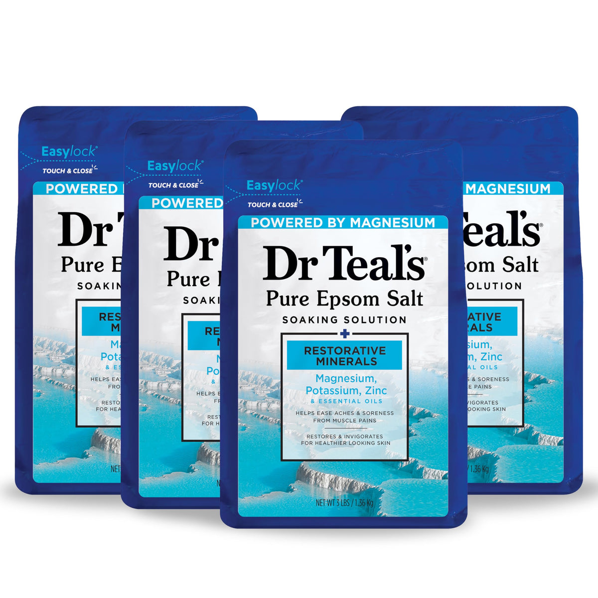 Dr Teal's Restorative Minerals Epsom salt bottle for soothing relaxation.