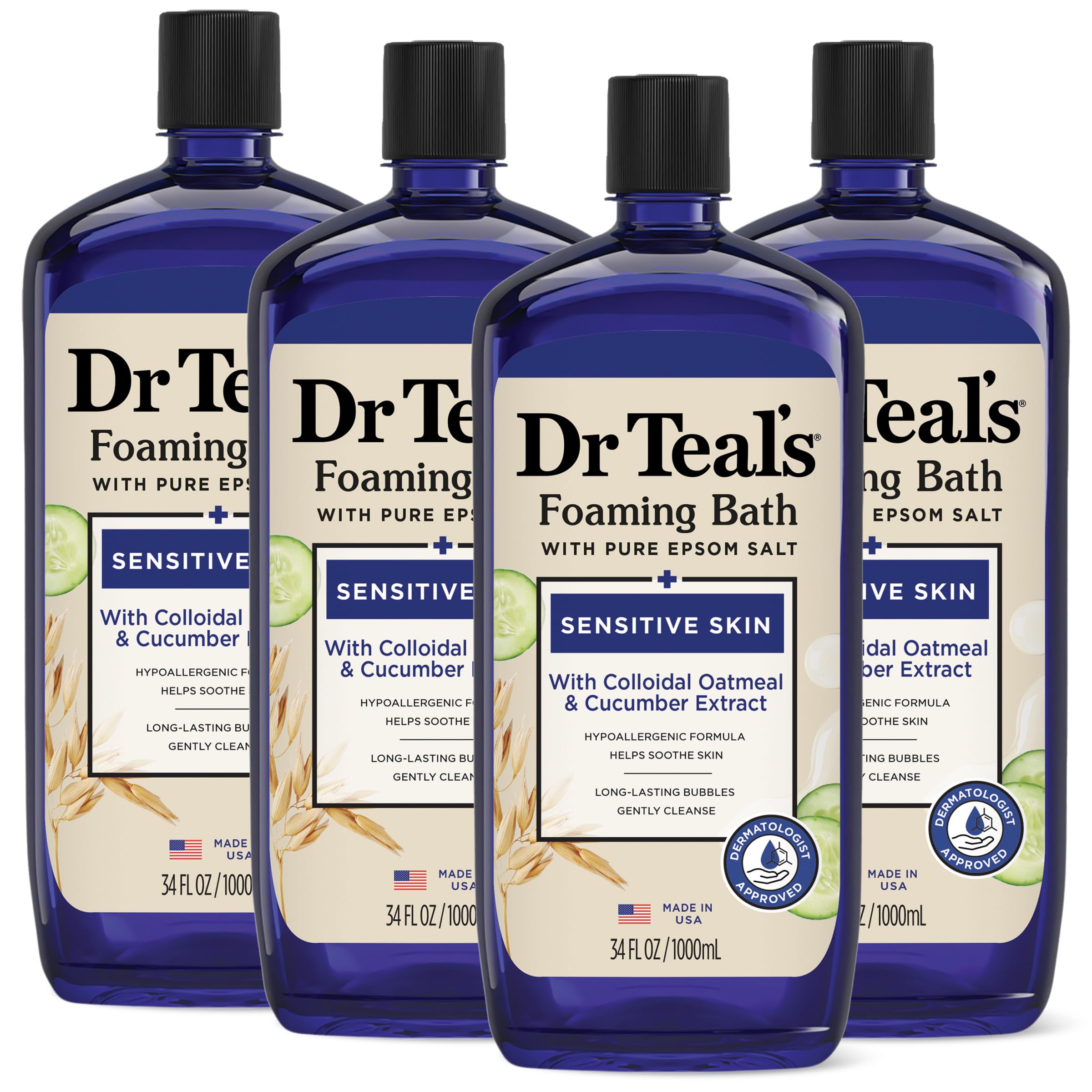 Dr Teal's sensitive skin foaming bath bottle for gentle cleansing and calm soak.