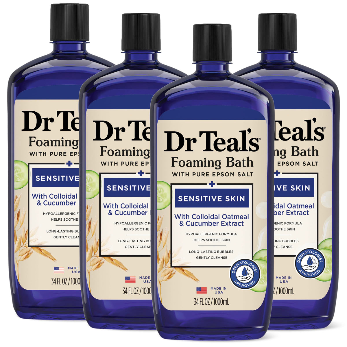 Dr Teal's sensitive skin foaming bath bottle for gentle cleansing and calm soak.