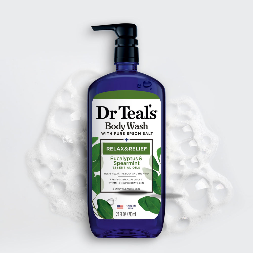 Shea butter and aloe illustration alongside Dr Teal's bottle for skin hydration