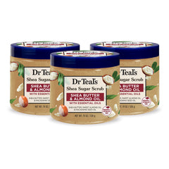 Dr Teal's Shea Sugar Scrub jar closeup shows creamy texture for hydration.