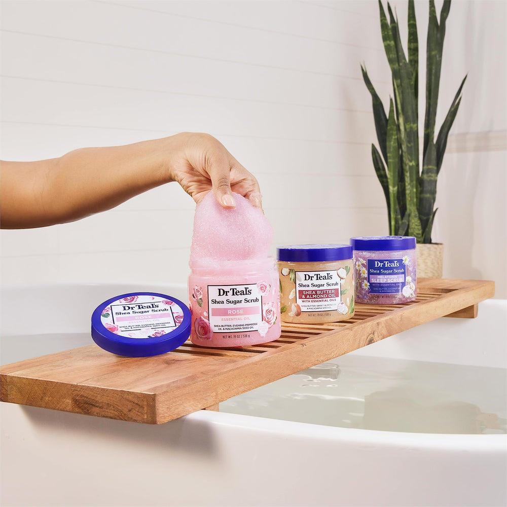 Dr Teal's Shea Sugar Scrub pack of 3 neatly arranged.