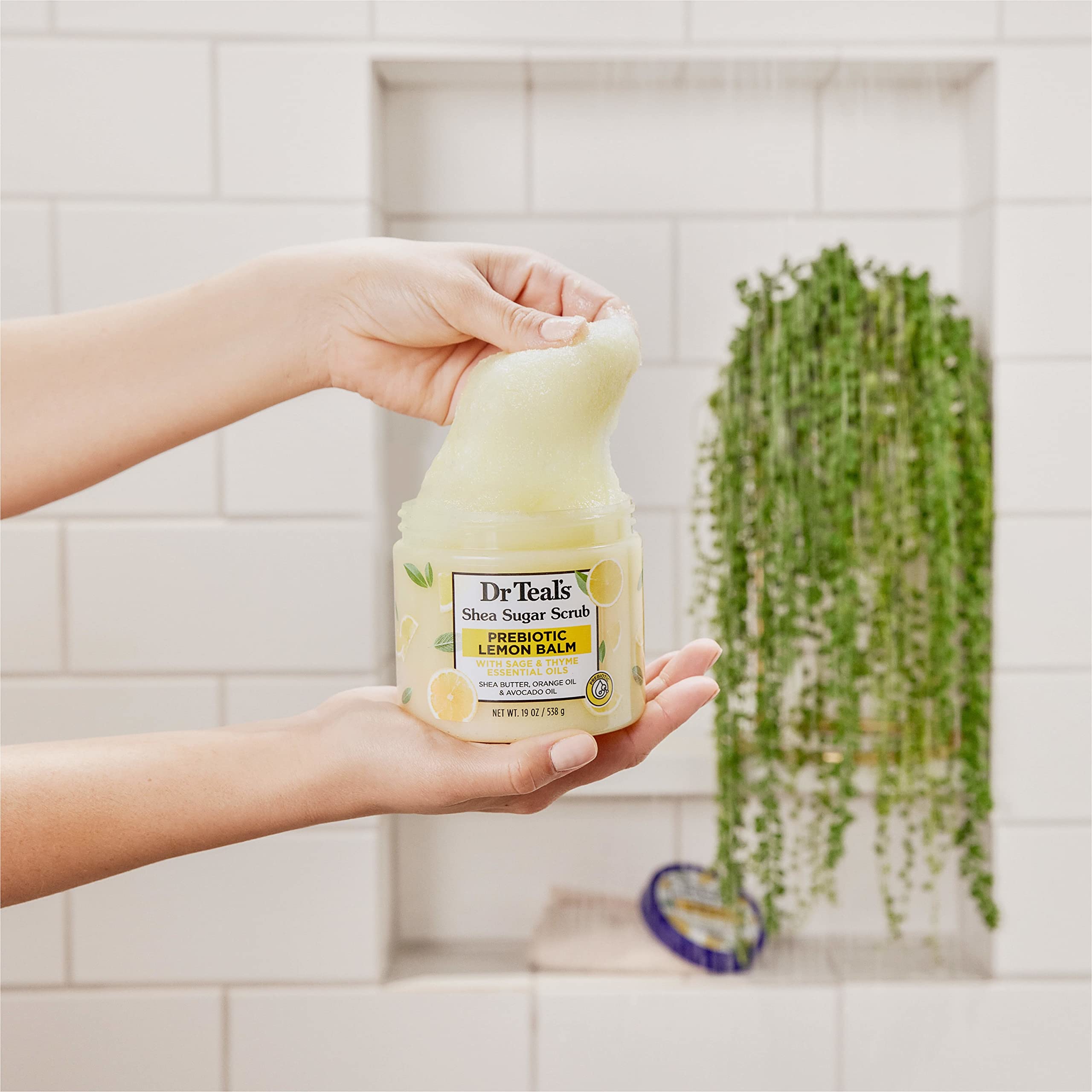 Lemon balm and botanicals in Dr Teal's scrub help balance skin.