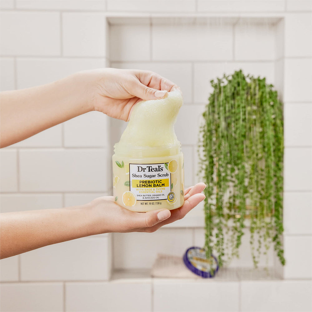 Lemon balm and botanicals in Dr Teal's scrub help balance skin.
