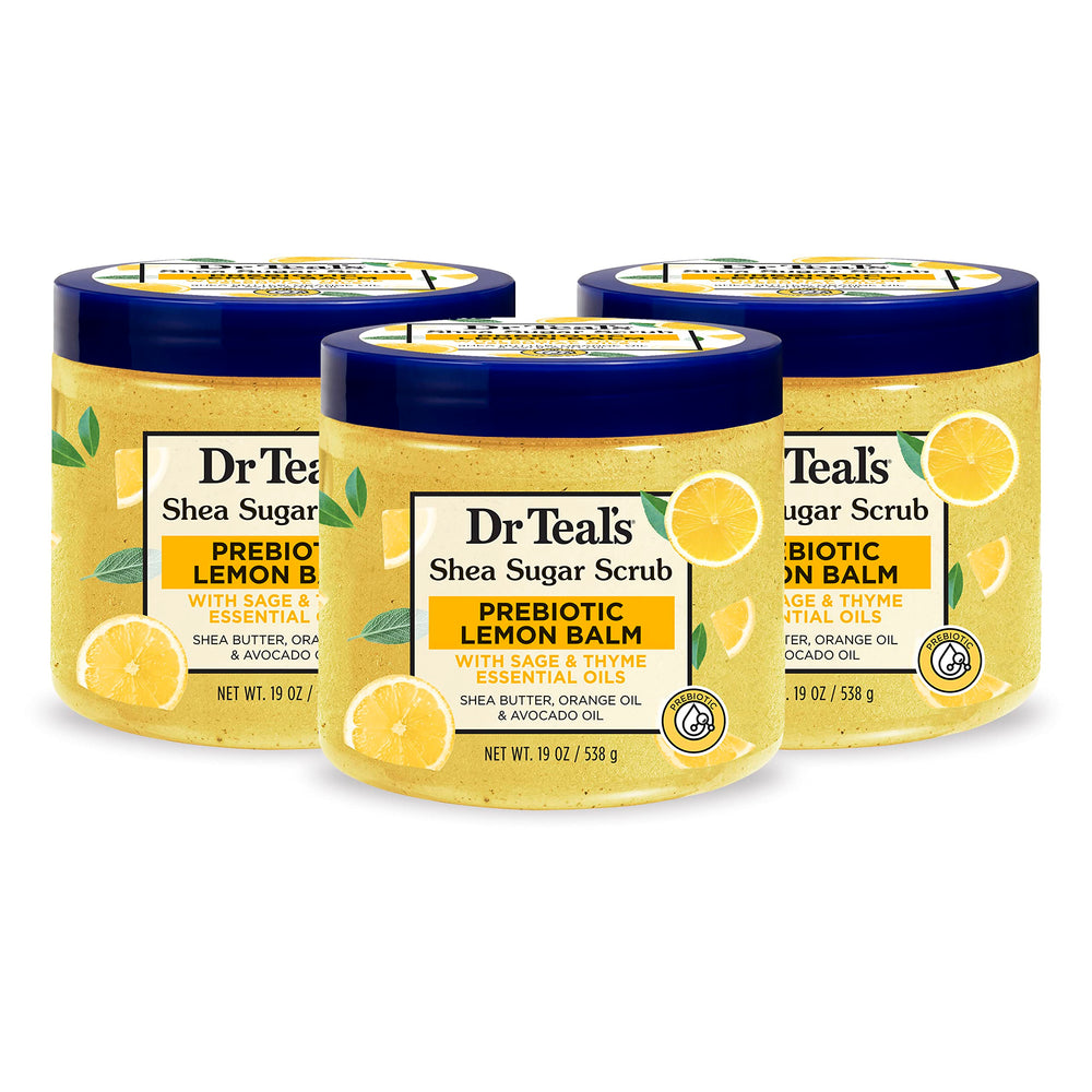 Dr Teal's Shea Sugar Scrub packaging shows a 3-pack for easy exfoliation.