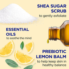 Close-up of Dr Teal's Shea Sugar Scrub texture with sugar grains for gentle exfoliation.