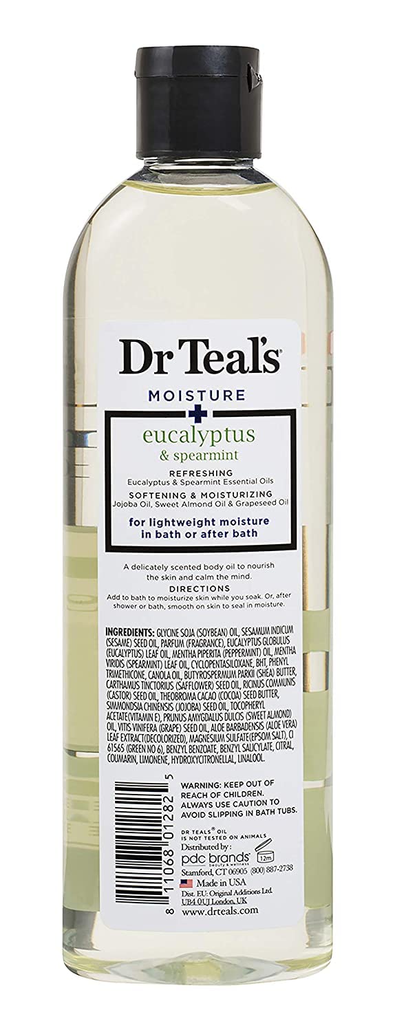 Dr Teal's oil leaves a subtle shimmering finish and hydrated skin