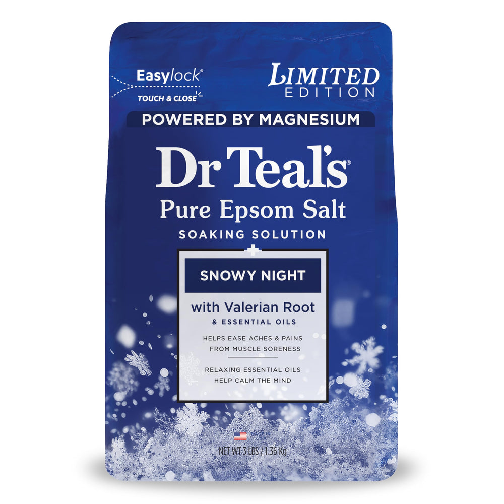 Dr Teal's Snowy Night bath salt bottle pouring for relaxing muscles.