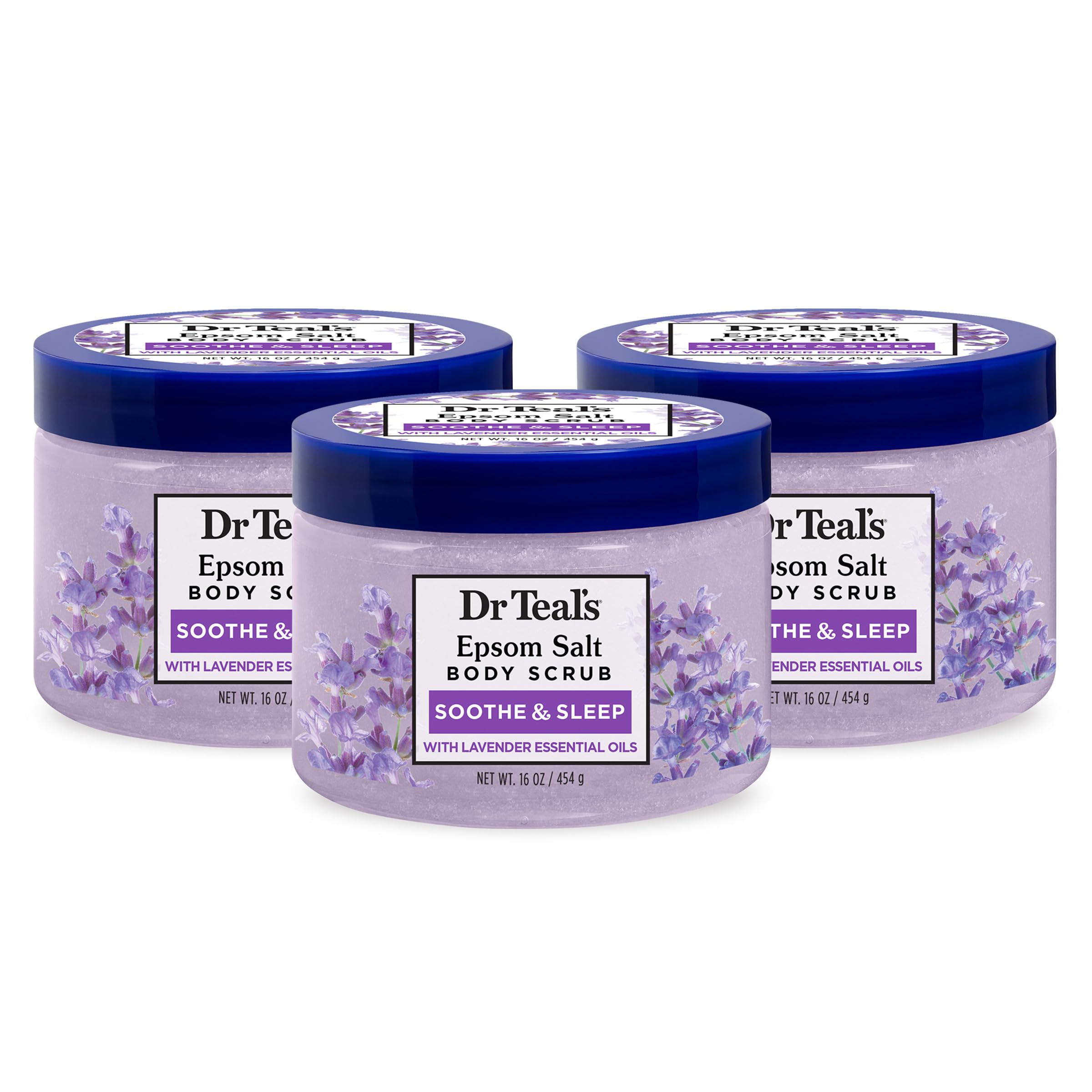 Dr Teal's Soothe & Sleep scrub texture close-up shows gentle exfoliation and hydration.