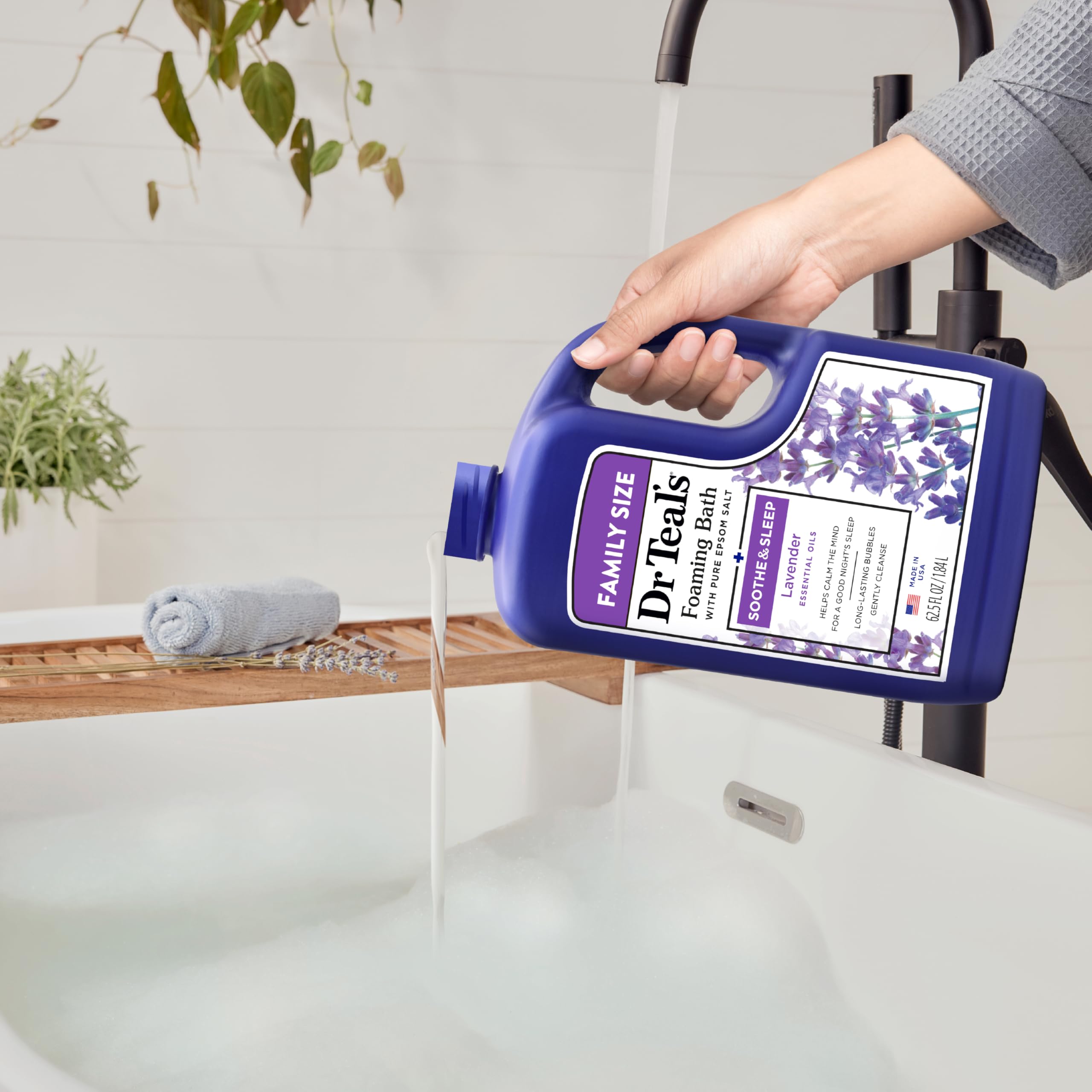 Soothing spa-like bath scene with Dr Teal's foaming bath